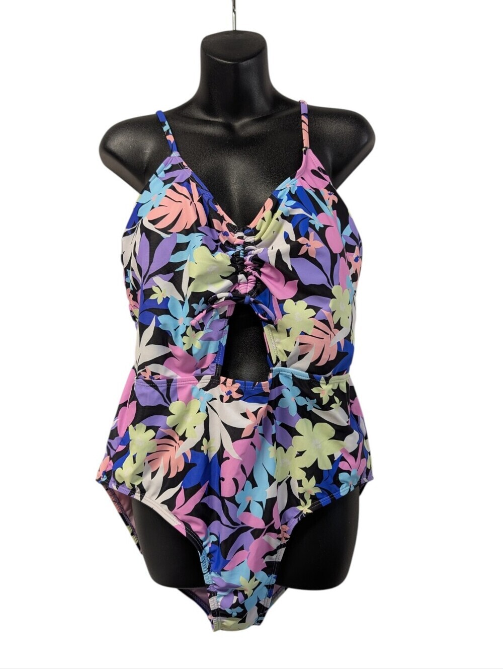 Decree Midnight Floral One Piece Swimsuit Cutout Front Adjustable Straps XL NWT